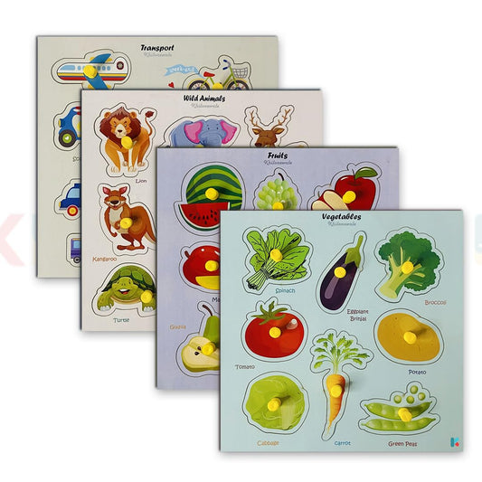 Wooden Knob Puzzle Board Set – Animals, Fruits, Vegetables & Transport (Set of 4)