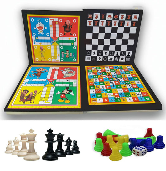 3-in-1 Wooden Board Game Set – Ludo, Chess & Snake & Ladders