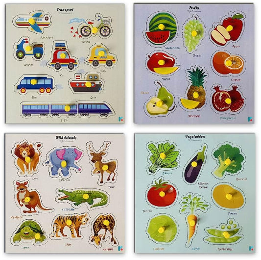 Wooden Knob Puzzle Board Set – Animals, Fruits, Vegetables & Transport (Set of 4)