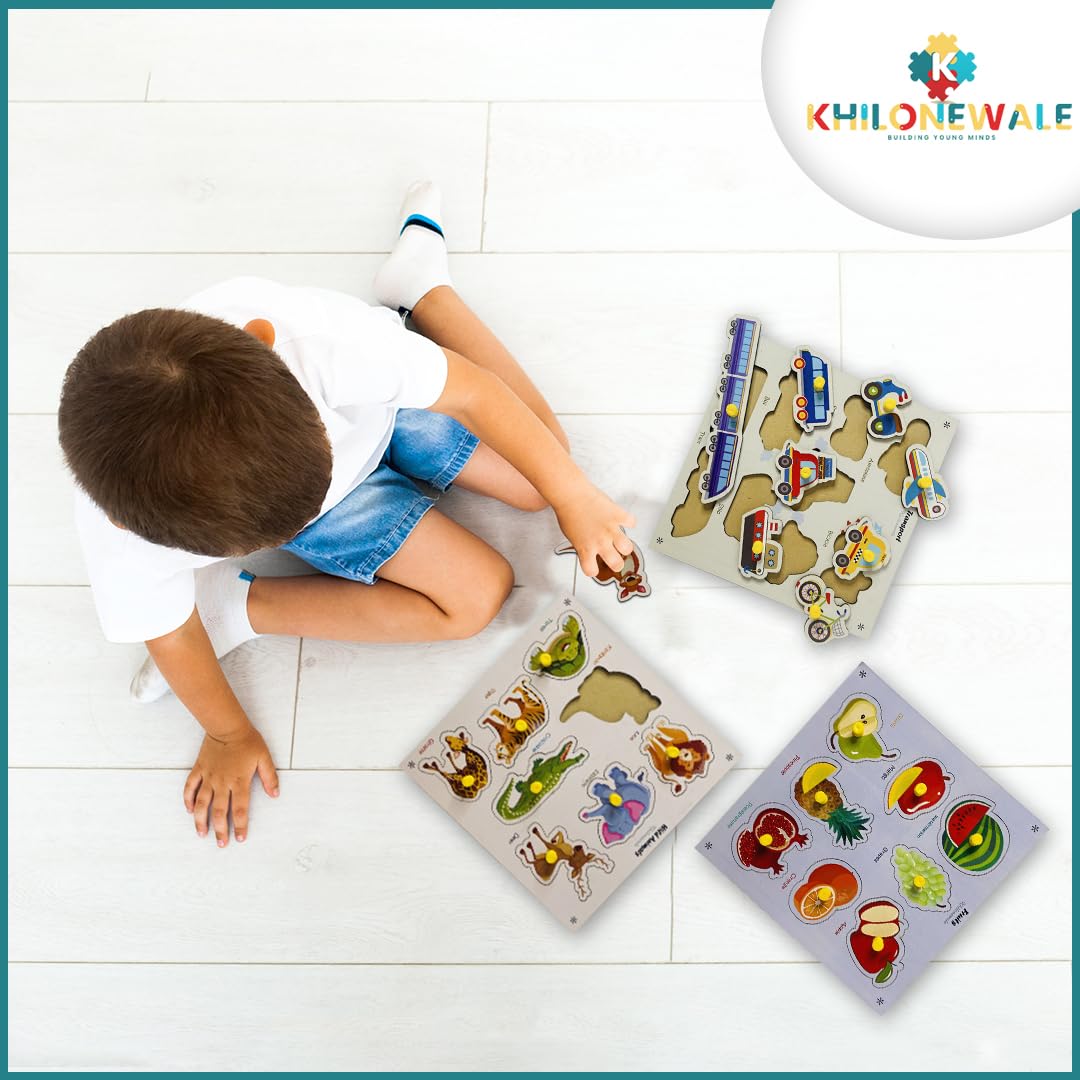 Wooden Knob Puzzle Board Set – Animals, Fruits, Vegetables & Transport (Set of 4)