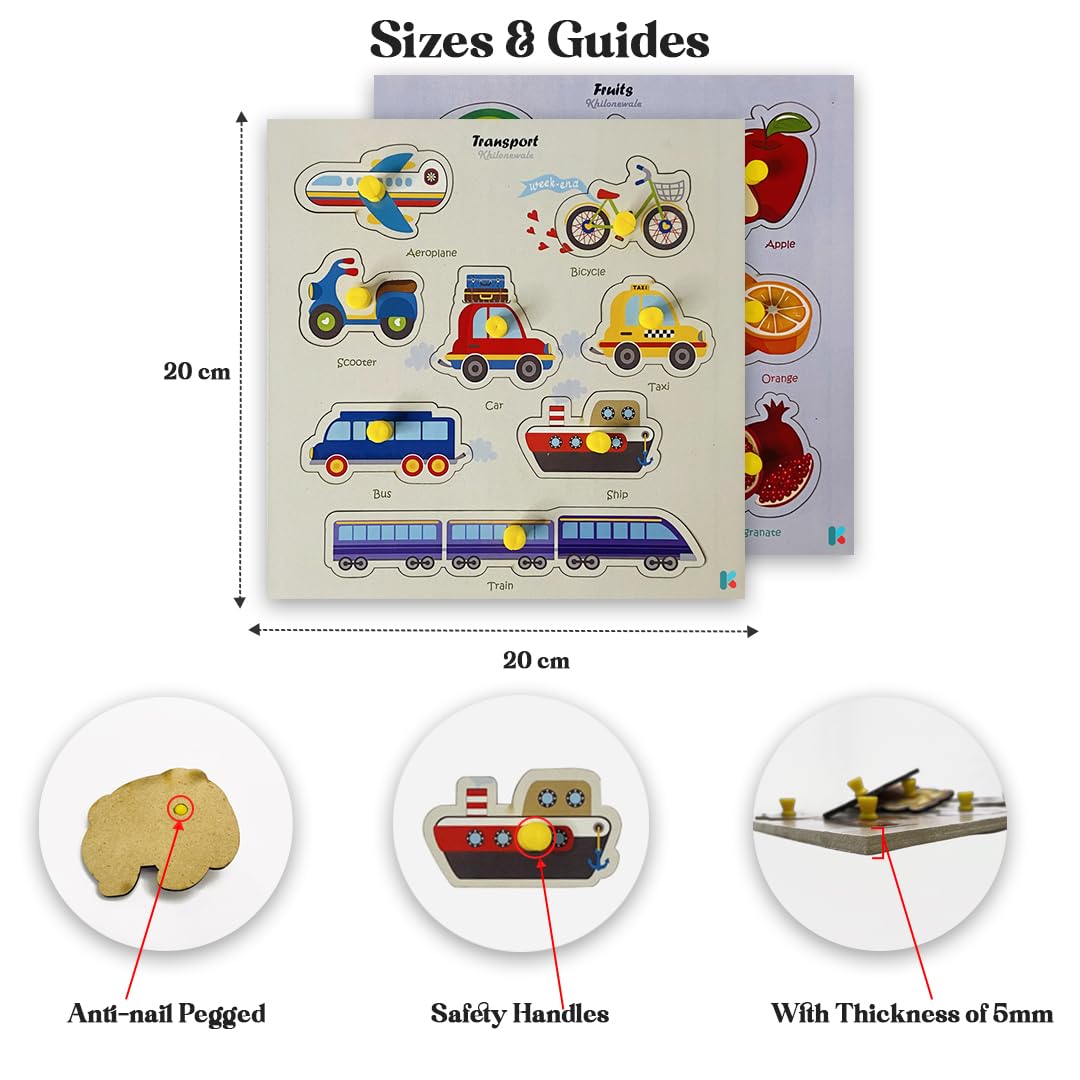 Wooden Knob Puzzle Board Set – Animals, Fruits, Vegetables & Transport (Set of 4)