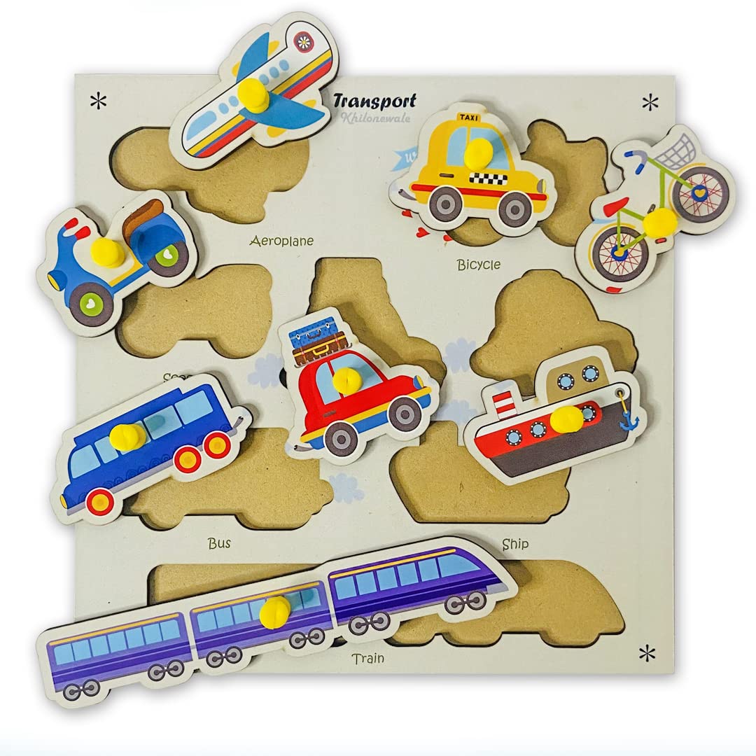 Wooden Knob Puzzle Board Set – Animals, Fruits, Vegetables & Transport (Set of 4)