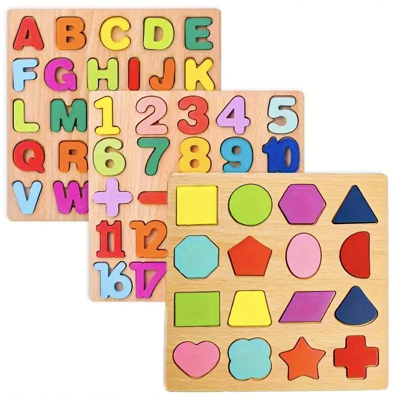 Wooden 3D Puzzle Board Set – Alphabets, Numbers & Shapes (Pack of 3)
