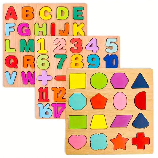 Wooden 3D Puzzle Board Set – Alphabets, Numbers & Shapes (Pack of 3)